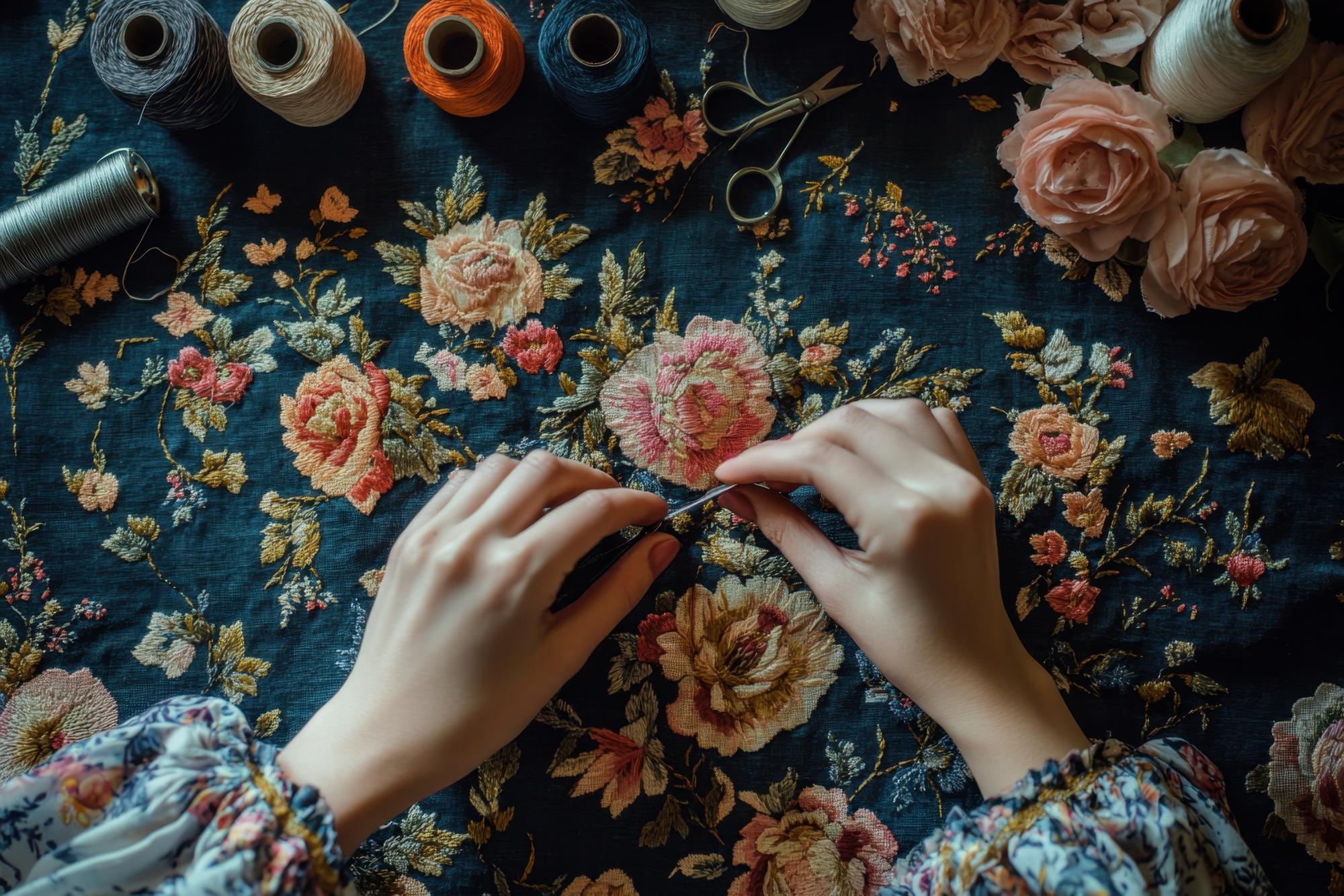 Hand embroiderer stitching a floral motif
